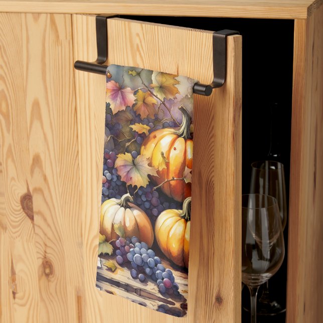 Autumn Bounty, pumpkins, Grapes honey Kitchen Towel (Thirds Fold)
