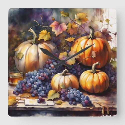 Autumn Bounty pumpkins Grapes honey Square Wall Clock