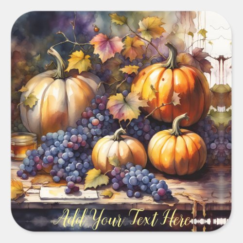 Autumn Bounty pumpkins grapes _Personalize Square Sticker