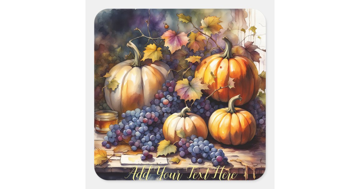Autumn Bounty, pumpkins grapes -*Personalize* Square Sticker | Zazzle
