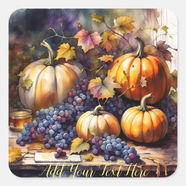 Autumn Bounty, pumpkins grapes -*Personalize* Square Sticker (Front)