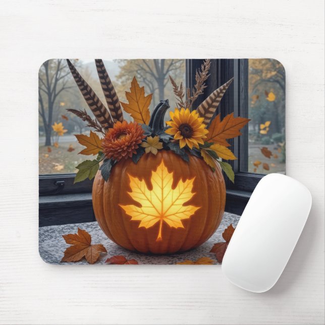Autumn Bouquet In an Orange Pumpkin Mouse Pad (With Mouse)