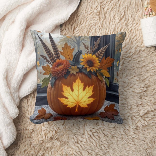 Autumn Bouquet In an Orange Pumpkin Throw Pillow (Blanket)