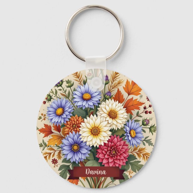 Autumn Bouquet of Asters and Dahlias Keychain (Front)