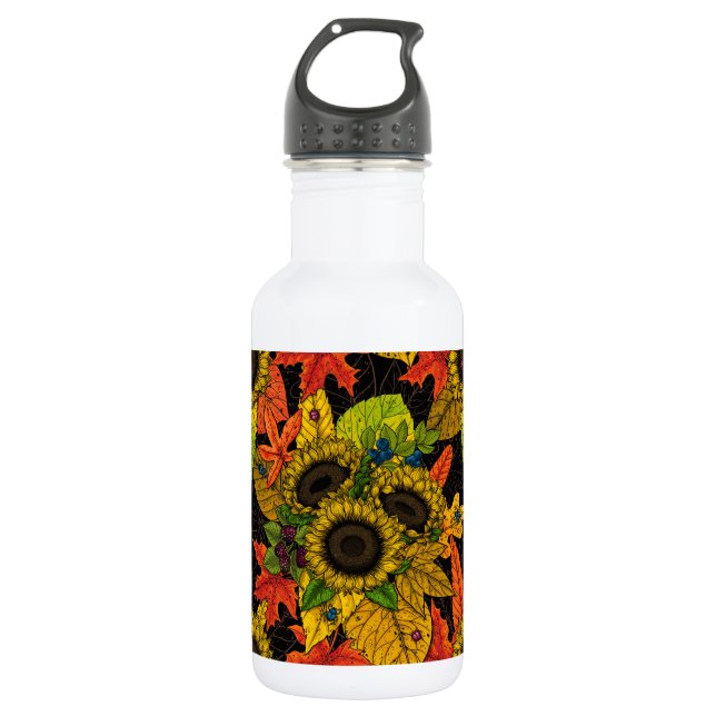 Autumn bouquet on black stainless steel water bottle (Front)