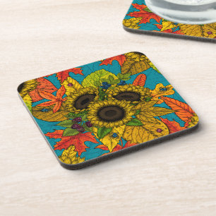 Autumn bouquet on blue beverage coaster