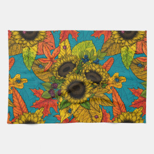 Autumn bouquet on blue kitchen towel
