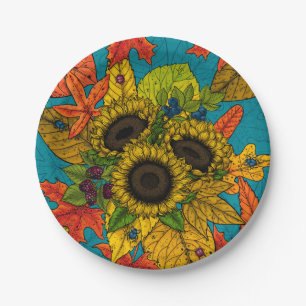 Autumn bouquet on blue paper plates