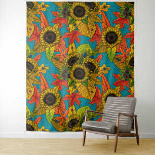 Autumn bouquet on blue tapestry