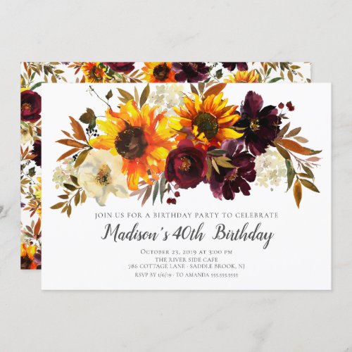 Autumn Bouquet Sunflowers Floral Birthday Party Invitation