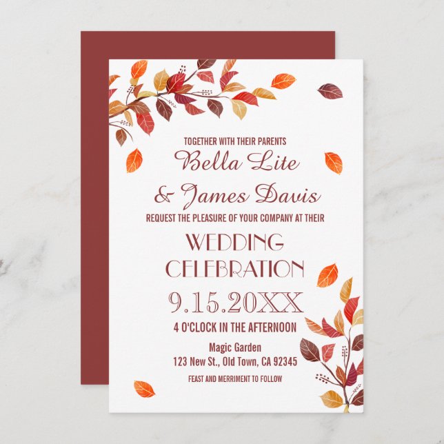 Autumn Branch Fall Leafs Wedding Invitations (Front/Back)