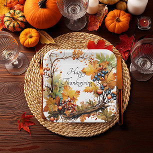 Autumn branch with leaves and berries custom paper plates