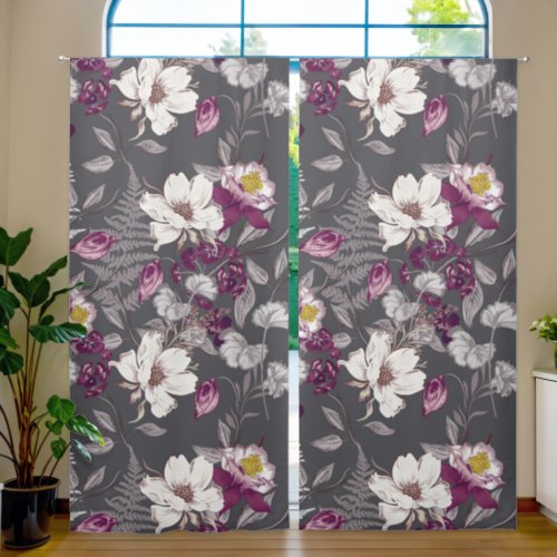 Autumn Breath White Purple Flower Pattern Blackout Curtains