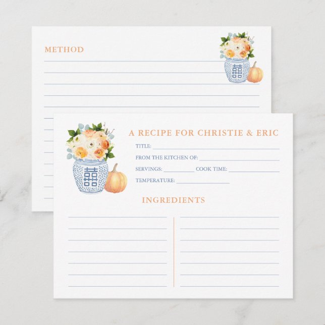 Autumn Bridal Shower Florals Pumpkin Recipe Card (Front/Back)