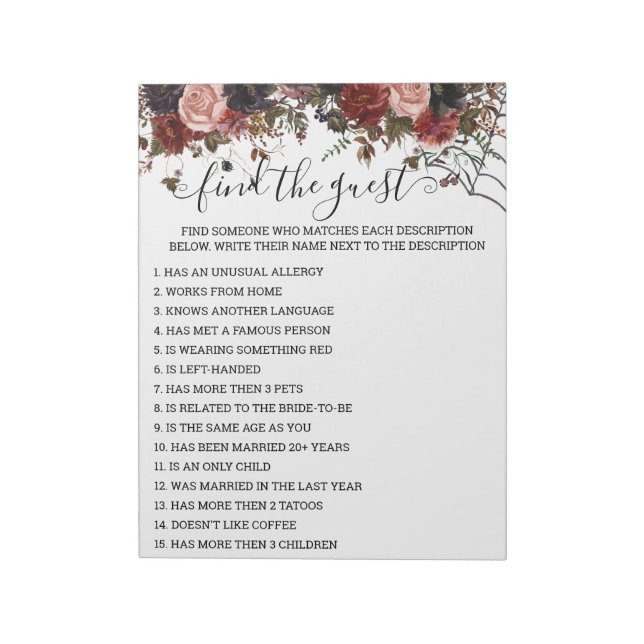 Autumn Bridal Shower Halloween Game Floral Notepad (Rotated)
