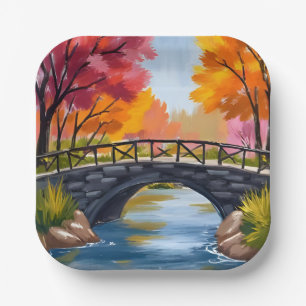 Autumn Bridge Fall Foliage Watercolor Nature Paper Plates
