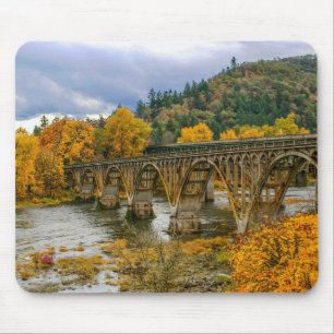 Autumn bridge, fall, river, leaves mouse pad