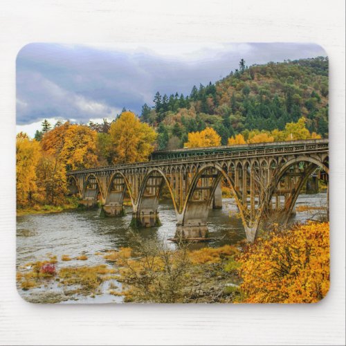 Autumn bridge fall river leaves mouse pad