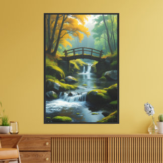 Autumn Bridge Waterfall – Serene Nature Landscape Canvas Print