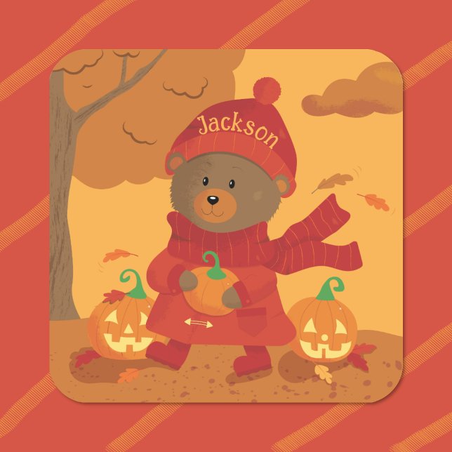 Autumn Brown Bear Kid Sticker (Cute brown bear with pumpkin kid autumn sticker .)
