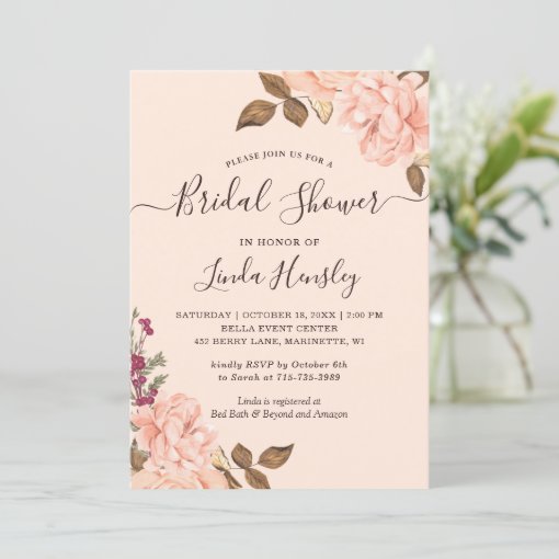 Autumn Brown Blush Gold Floral Bridal Shower Invitation | Zazzle