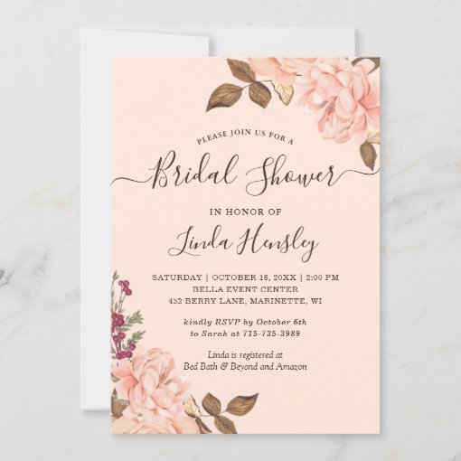 Autumn Brown Blush Gold Floral Bridal Shower Invitation | Zazzle