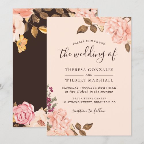 Autumn Brown Blush Gold Watercolor Floral Wedding Invitation