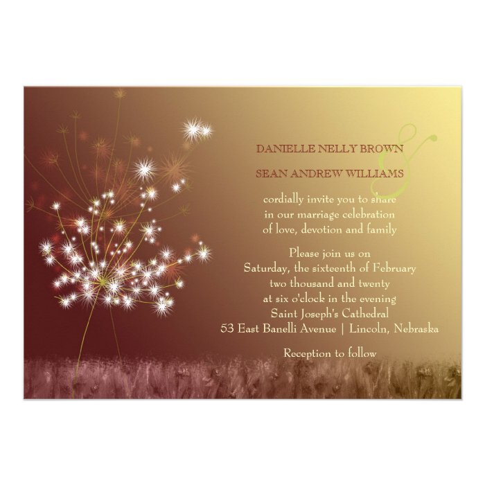 Autumn Brown, Gold Dandelion Floral Wedding Invite