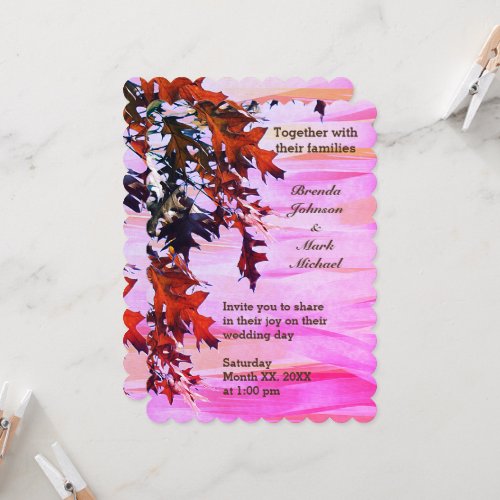 Autumn Brown Orange Leaves Swirl Pink Wedding Invitation