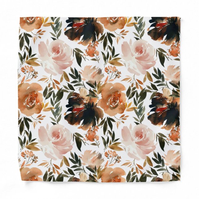 Autumn Brown Pink Gold Floral Pocket Square Bandana (Front)