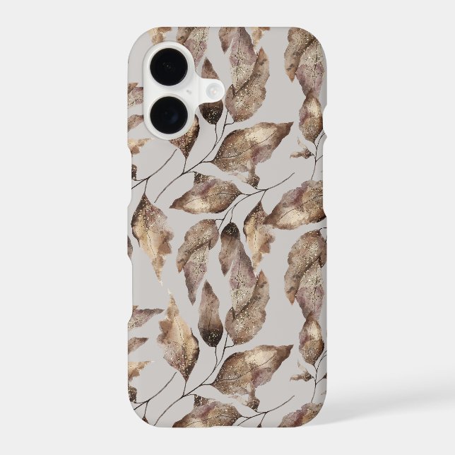 Autumn Brown Watercolor Leaves & Gold Glitter iPhone Case (Back)