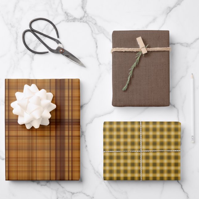Autumn Browns Plaid Trio Wrapping Paper Sheets (Front)