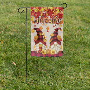 Autumn Buffalo Plaid Gnome Couple Welcome Garden Flag
