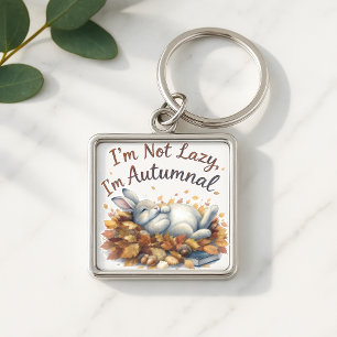 Autumn Bunny in Leaves with Funny Lazy Quote Keychain
