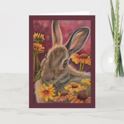 Autumn Bunny Rabbit Yellow Flowers Watercolor Art  Card