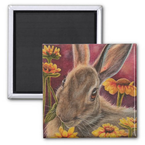 Autumn Bunny Rabbit Yellow Flowers Watercolor Art Magnet