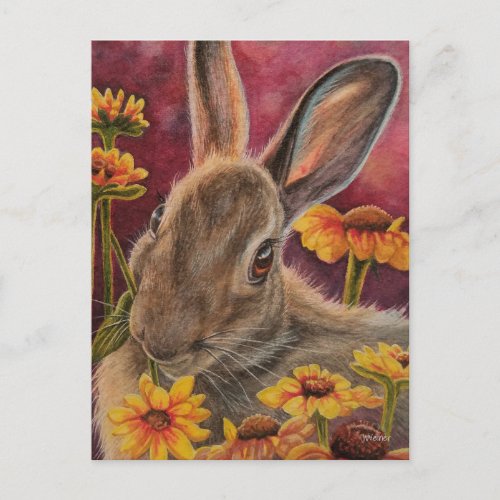 Autumn Bunny Rabbit Yellow Flowers Watercolor Art Postcard