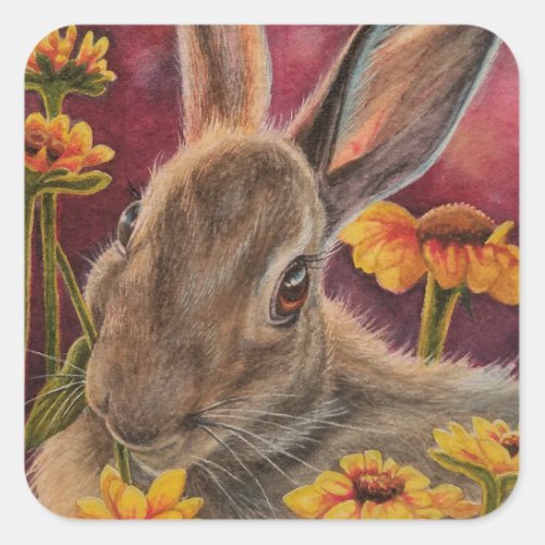 Autumn Bunny Rabbit Yellow Flowers Watercolor Art Square Sticker