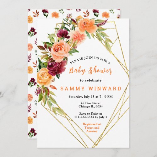Autumn Burgundy and Orange Floral Baby Shower Invitation