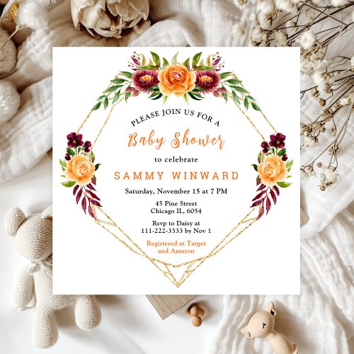 Autumn Burgundy and Orange Floral Baby Shower Invitation