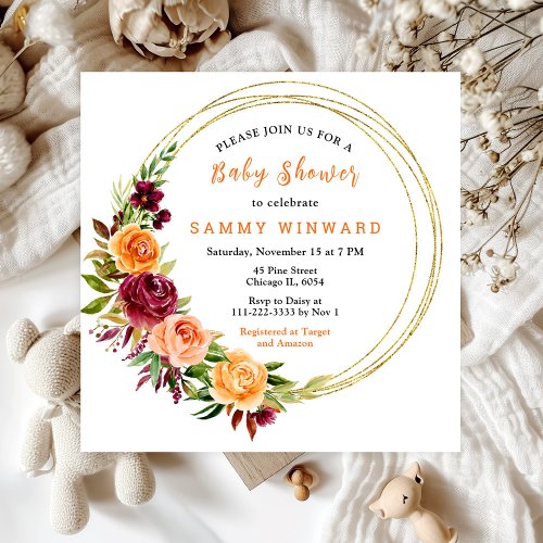 Autumn Burgundy and Orange Floral Baby Shower Invitation