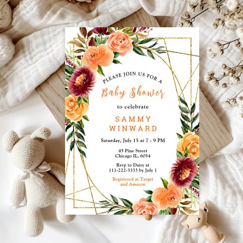 Autumn Burgundy and Orange Floral Baby Shower Invitation