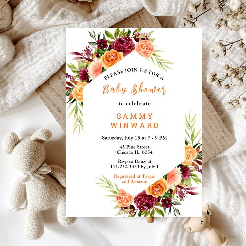 Autumn Burgundy and Orange Floral Baby Shower Invitation