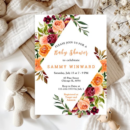 Autumn Burgundy and Orange Floral Baby Shower Invitation