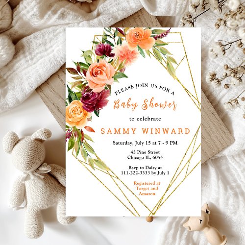 Autumn Burgundy and Orange Floral Baby Shower Invitation