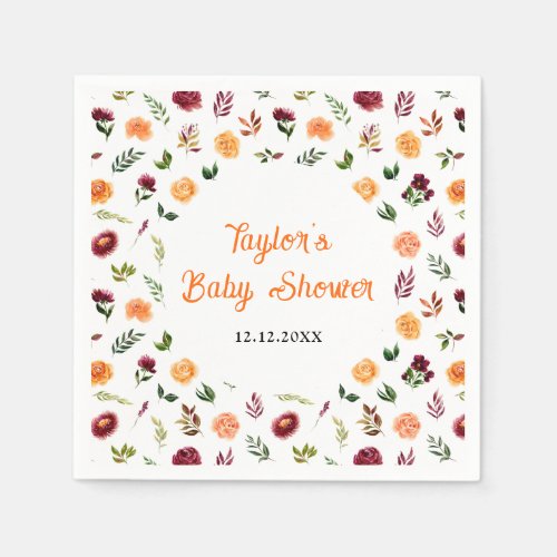 Autumn Burgundy and Orange Floral Baby Shower Napkins