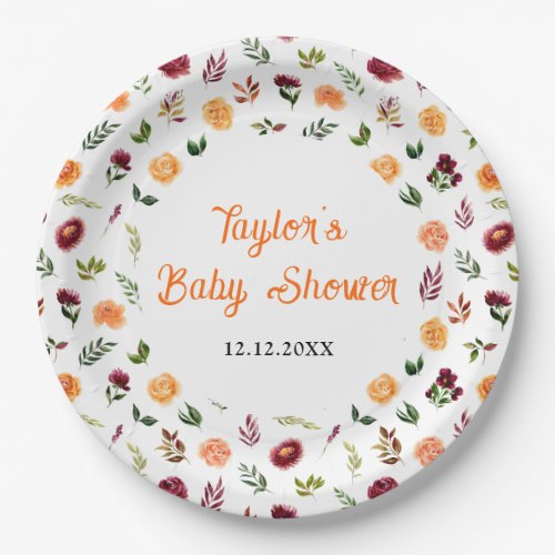 Autumn Burgundy and Orange Floral Baby Shower Paper Plates