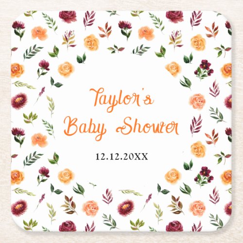 Autumn Burgundy and Orange Floral Baby Shower Square Paper Coaster