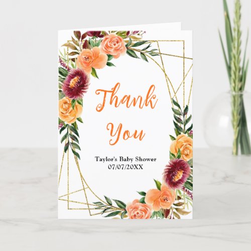 Autumn Burgundy and Orange Floral Baby Shower Thank You Card