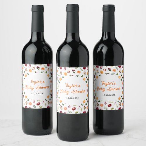 Autumn Burgundy and Orange Floral Baby Shower Wine Label